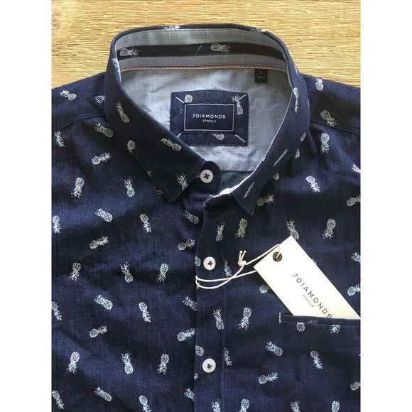 7 Diamonds Mens Short Sleeve Button Up Shirt Navy Pineapple Print Size Small - Picture 2 of 5